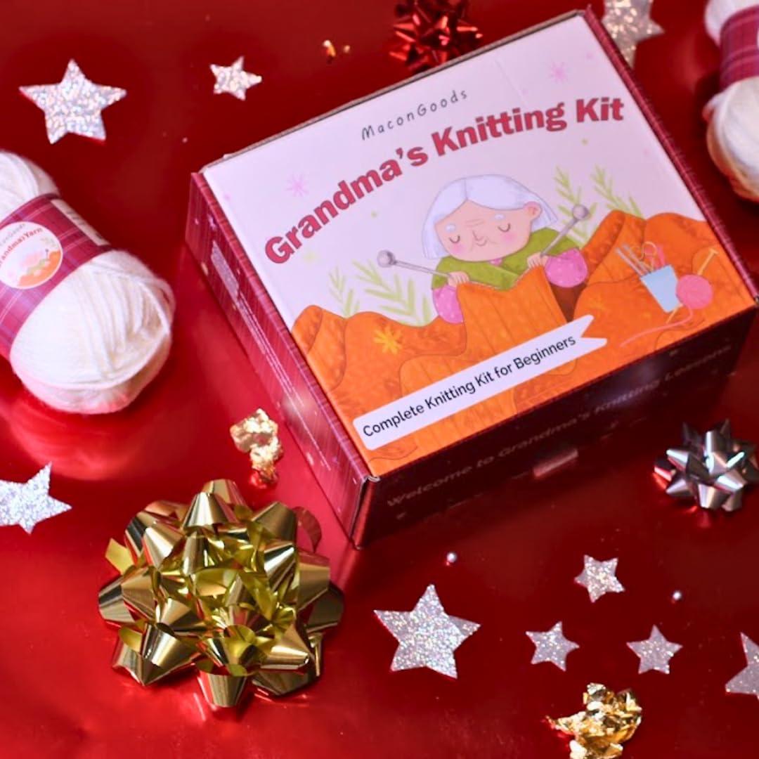 MaconGoods Grandma's Knitting Kit - Complete Knitting Kit for Beginners - Includes Beginner Yarn, Bamboo Needles, Video Tutorial, and Written Guide & More - Easy Learn to Knit Kit
