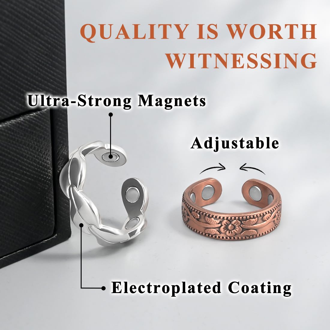 Vicmag Copper Magnetic Ring for Women, Magnetic Rings Ladies Fingers Thumb 100% Solid Pure Copper Jewelry Gift Adjustable (Leave+Folwer Copper)