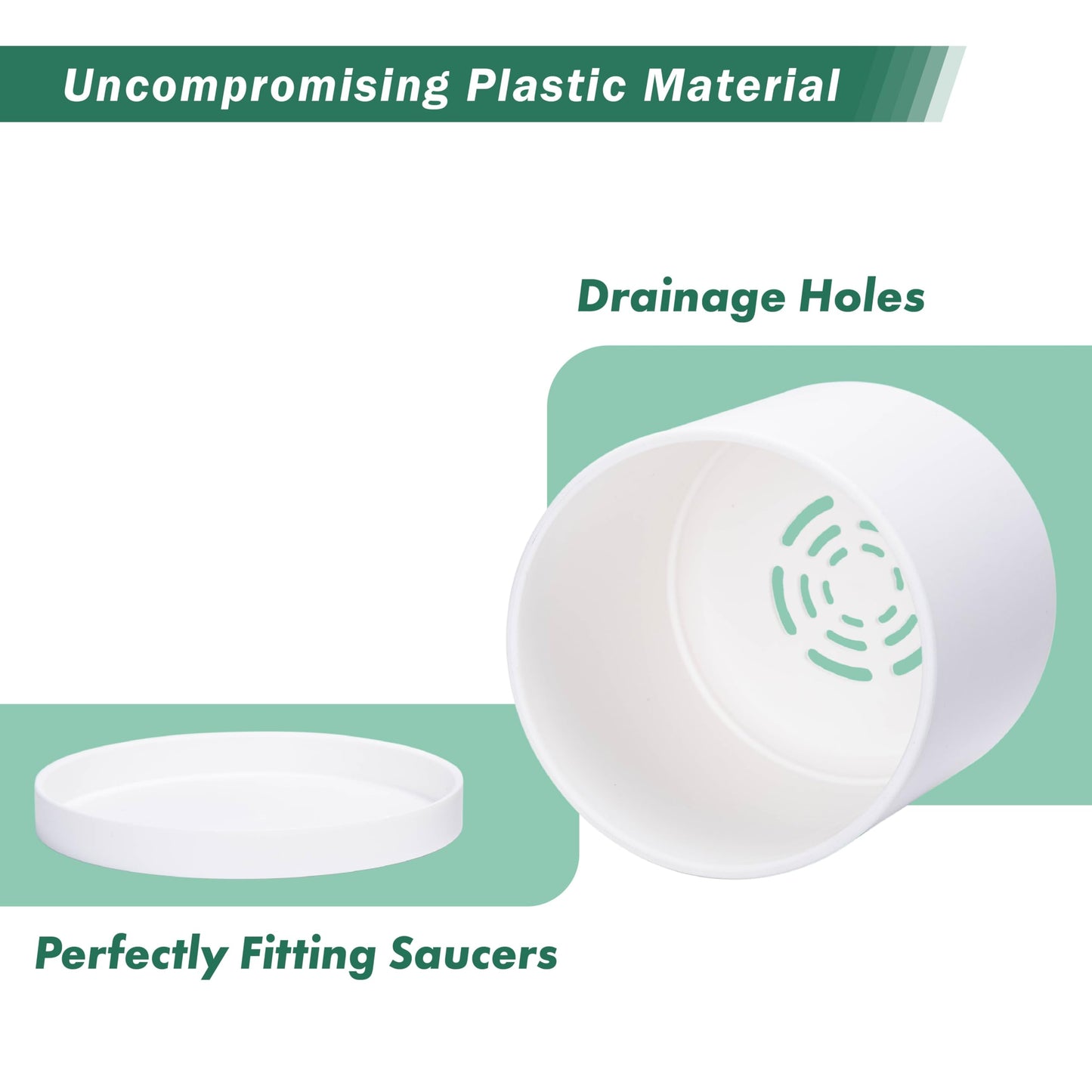 D'vine Dev 2 Pack 5.5 Inch Modern Plastic Plant Pots, Small Garden Planters for Plant with Drainage Holes and Saucers, White Color, 74-Z-H-1