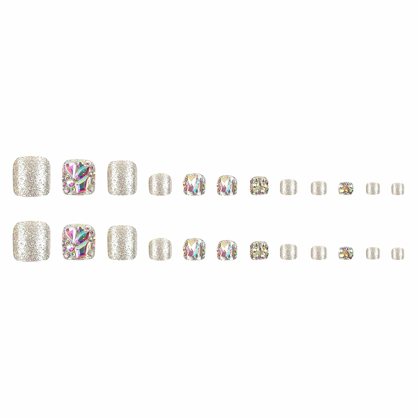 MISUD Press on Toenails - Fake Toe Nails with Rhinestone, Acrylic Toenail Bling Silver Glitter Design 24 pcs