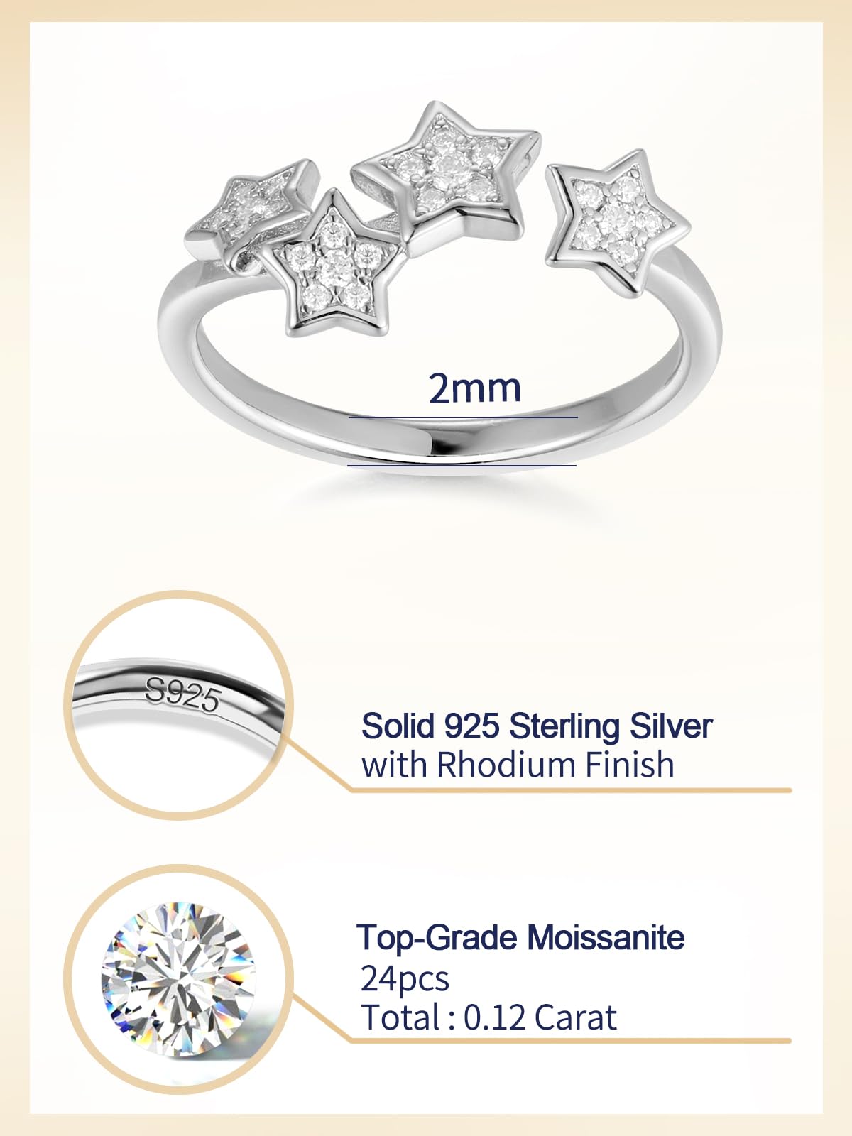 CYW Sterling Silver Moissanite Star Ring Adjustable Womens Stacking Open Rings Size 9