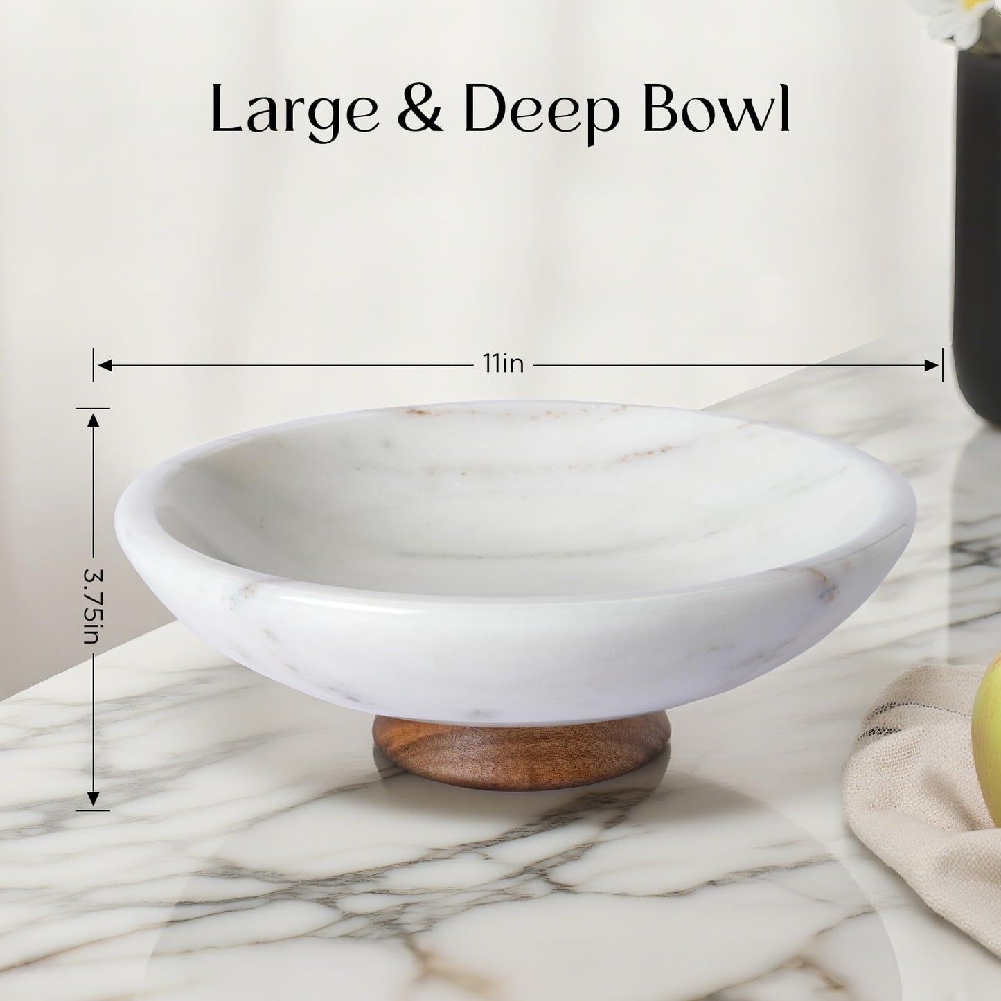 SAMAH White Marble Fruit Bowl with Acacia Wood Pedestal, Large Decorative Footed Bowl, Natural Stone Centerpiece for Kitchen Counter, Entryway, Keys, Dining Table, House Warming Gifts New Home(11Inch)
