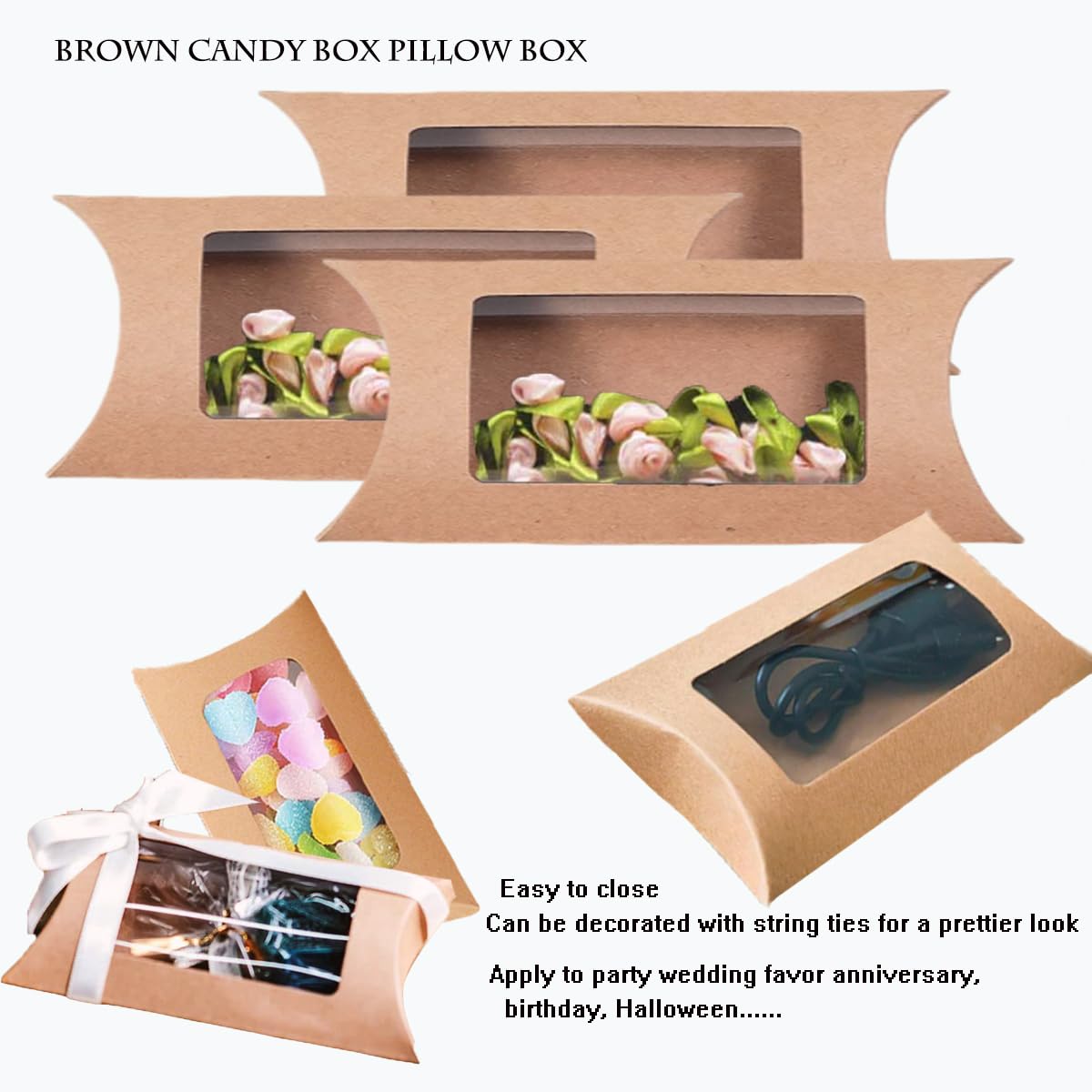 80 Pcs Pillow Gift Boxes with Windows,Kraft Paper Mini Pillow Packaging Box, Creative Favor Box Folding Treat Boxes with Clear Window for Bakery Candy Chocolate Jewelry Display Wedding Party Favor