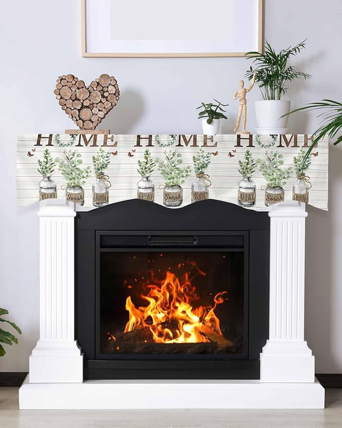 Eucalyptus Leaves Fireplace Mantel Scarf Table Runner, Farmhouse Botanical Plants Wooden Grain Winter Garland Mantel Top Tablerunners Dresser Scarves Decor for Windows Party Living Room 70''x17''