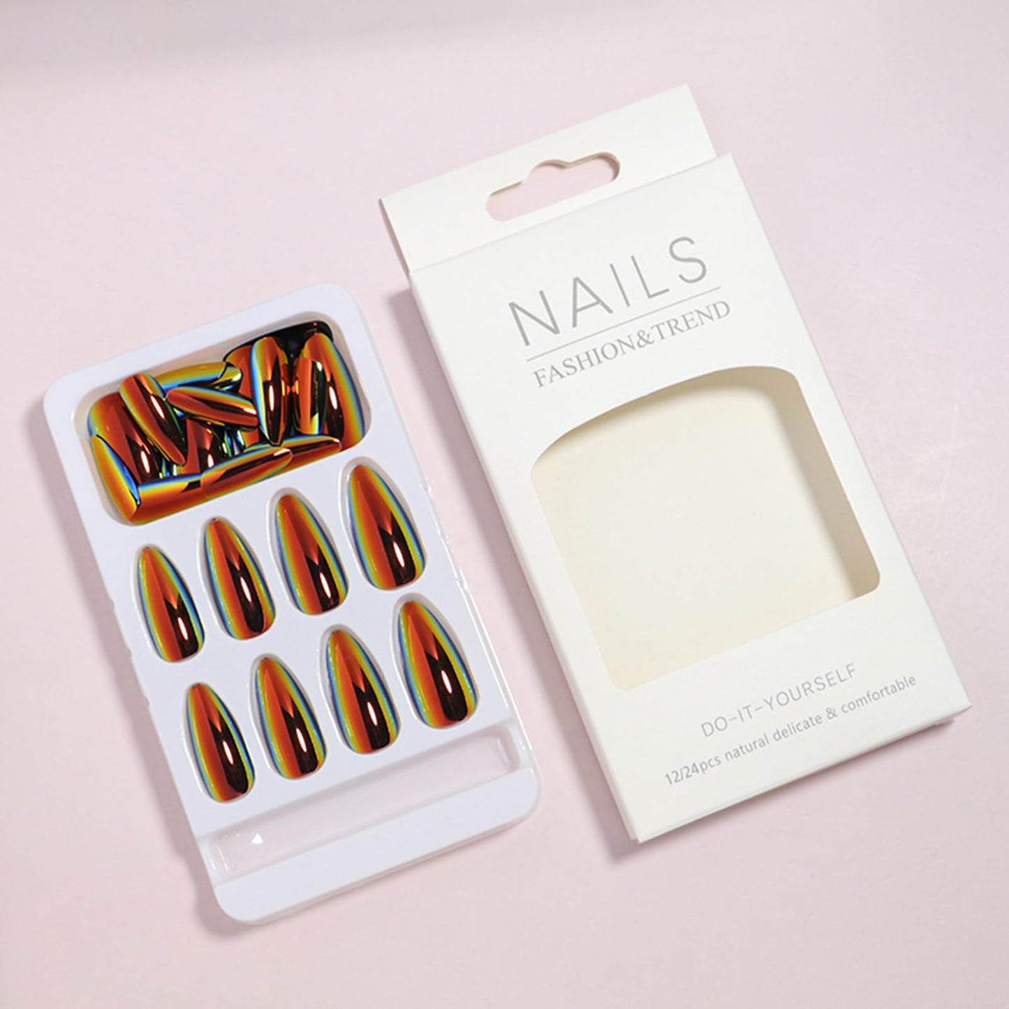24Pcs Chrome Press on Nails Medium Almond Fake Nails Black Aurora False Nails Glossy Quality Nail Tips Full Cover Glue on Nail Laser Acrylic Stick on Nails for Women Quick Manicure Kit