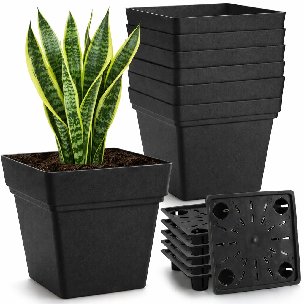 RooTrimmer 6-Pack 7'' Square Planters with Built-in Drainage Tray – Heavy-Duty Black Plastic Planter with Drainage Hole and Bottom Stopper, BPA-Free Plant Pots Matte Finish for Indoor Outdoor