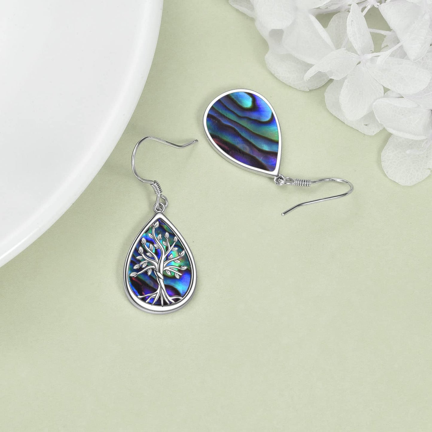 POPLYKE 925 Sterling Silver Tree of Life Earrings for Women Teardrop Abalone Earrings Dangle Tree of Life Jewelry