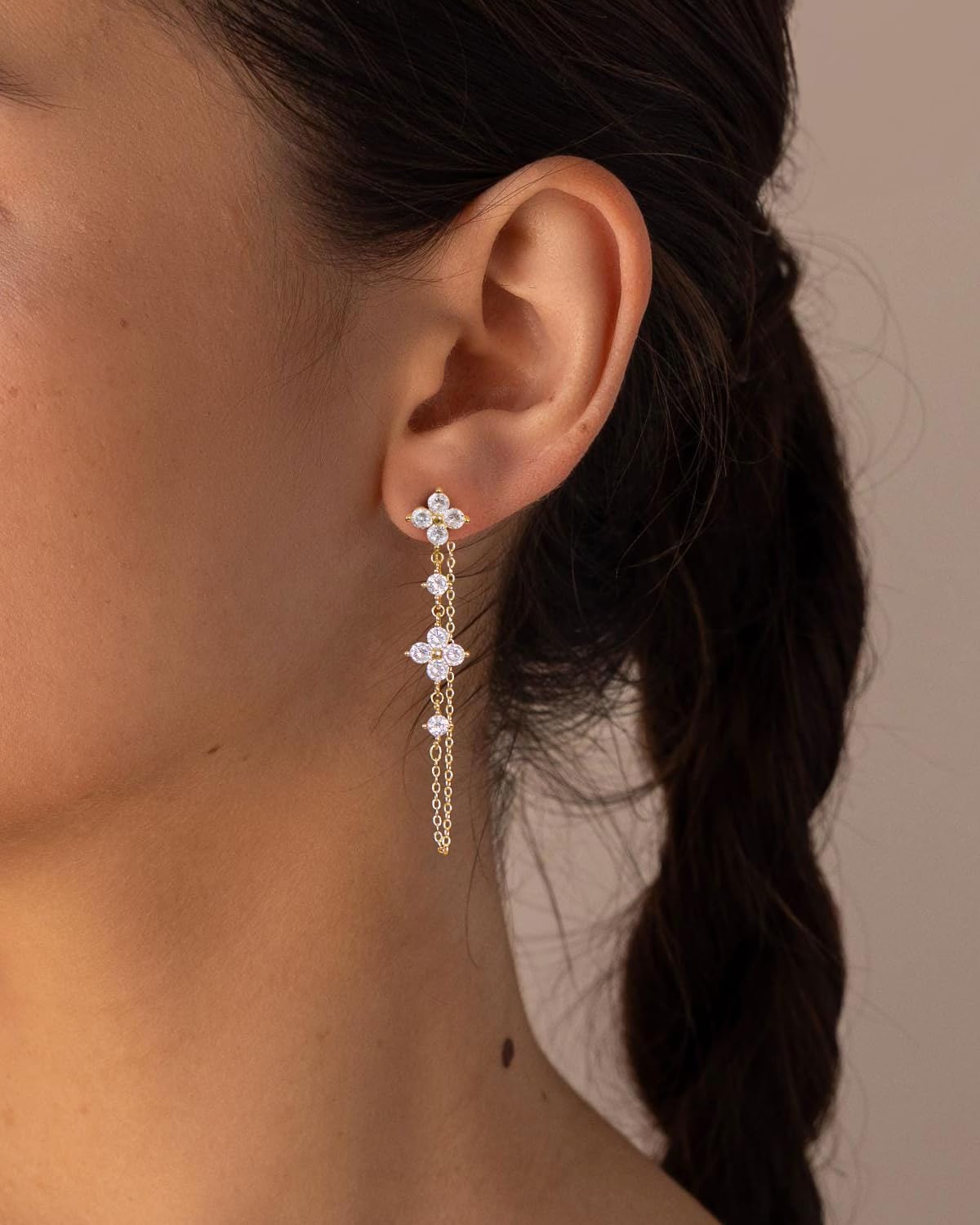 PRTGL Gold Earrings for Women - 14K Gold Plated Clover Tiny Cubic Zirconia CZ Dangle Earrings for Women