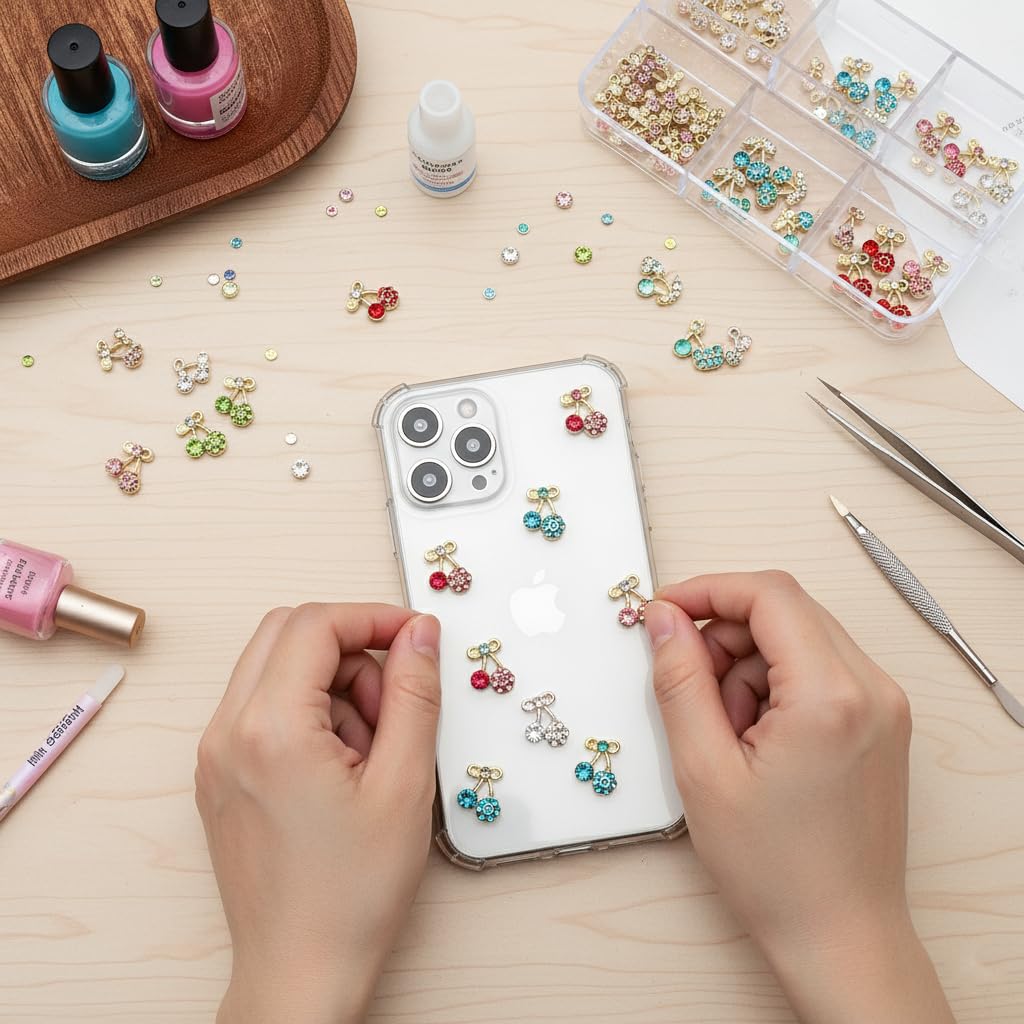 Pizadix 30PCS Cherry Nail Charms Set, 6 Styles (5 Each), Gold/Silver Alloy Rhinestone Fruit Designs, 6-Grid Organizer Box, for Gel, Acrylic & Press-On Nails