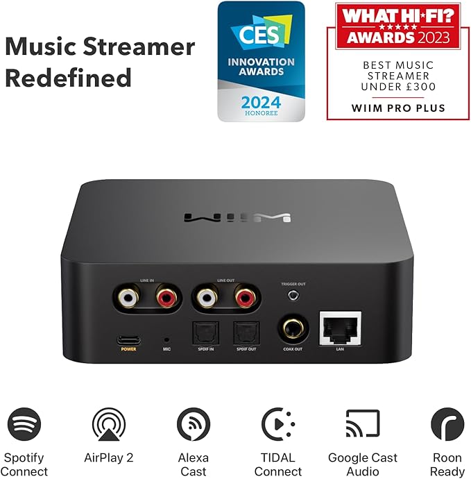 WiiM Pro Plus AirPlay 2 Receiver, Google Cast Audio, Multiroom Streamer with Premium AKM DAC, Voice Remote, Works with Alexa/Siri/Google, Stream Hi-Res Audio from Spotify, Amazon Music, Tidal and More