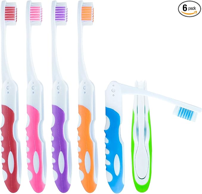 Lingito Travel Folding Toothbrush, Camping Toothbrush Bulk, Medium Bristle (6 Pack Medium-Multicolor)