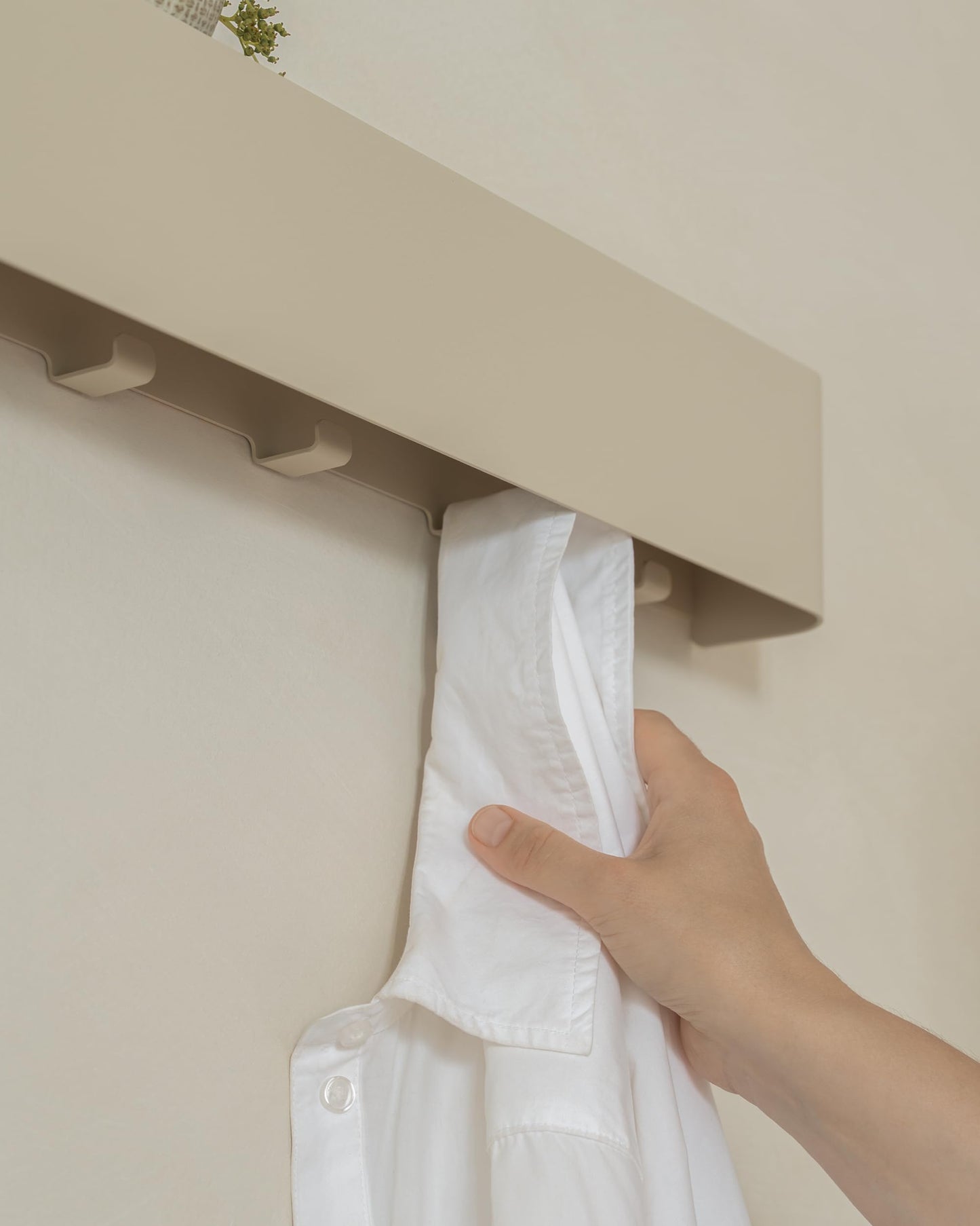 Kazai. Coat Rack Wall Mount with Shelf 'Tone' | Modern Design Coat Hanger with Hidden Hooks and Storage | Hat Rack with Shelf in Metal | Wall-Mounted Purse Organizer | Taupe