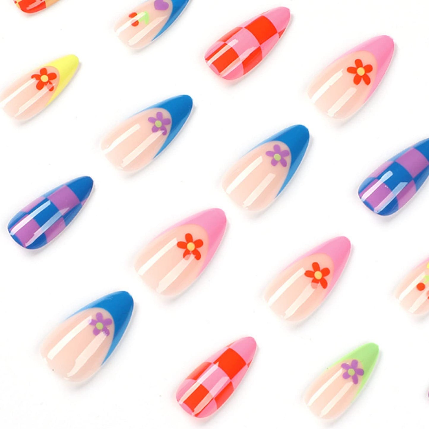MISUD Press on Nails - Medium Almond Glue on Nails with Summer Colorful, Acrylic Rainbow Flower Design 24 pcs