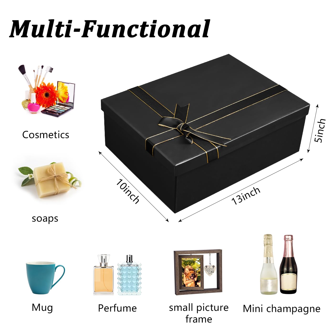 Xylitic Large Gift Boxes with Lids, 13×10×5 Inches Black Gift Box, Gift Box with Ribbon Bow, Card and Shredded Paper Filler, Luxury Gift Boxes for Presents, Birthday, Weddings, Christmas(1Pack)