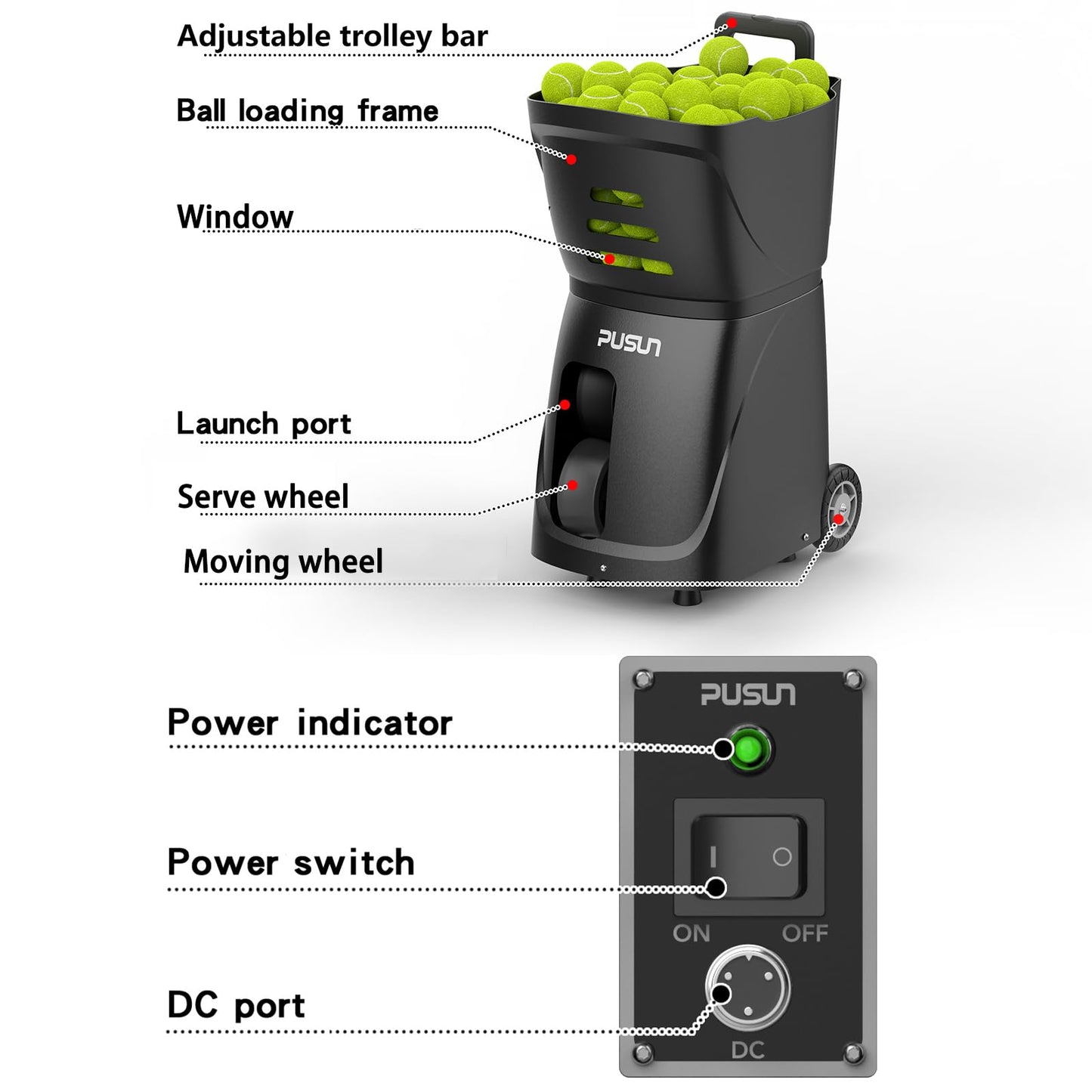PUSUN PT-Smart Tennis Ball Machine with APP, Remote & for Apple Watch Control, 12 Training Modes, 20 Landing Points, 12–75 MPH Speed, 100+ Ball Capacity, Portable Tennis Ball Launcher