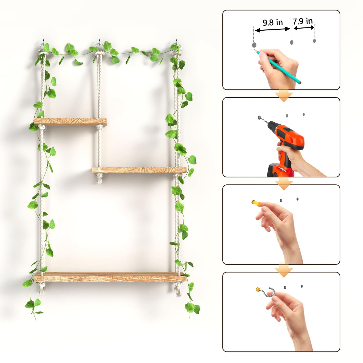 FKSLIFE Hanging Shelves for Wall,Macrame Hanging Plant Shelf with Vine Lights 3 Tier Rope Floating Shelf Wood Organizer Storage Rack Boho Wall Decor Aesthetic for Succulents Bedroom Bathroom Kitchen