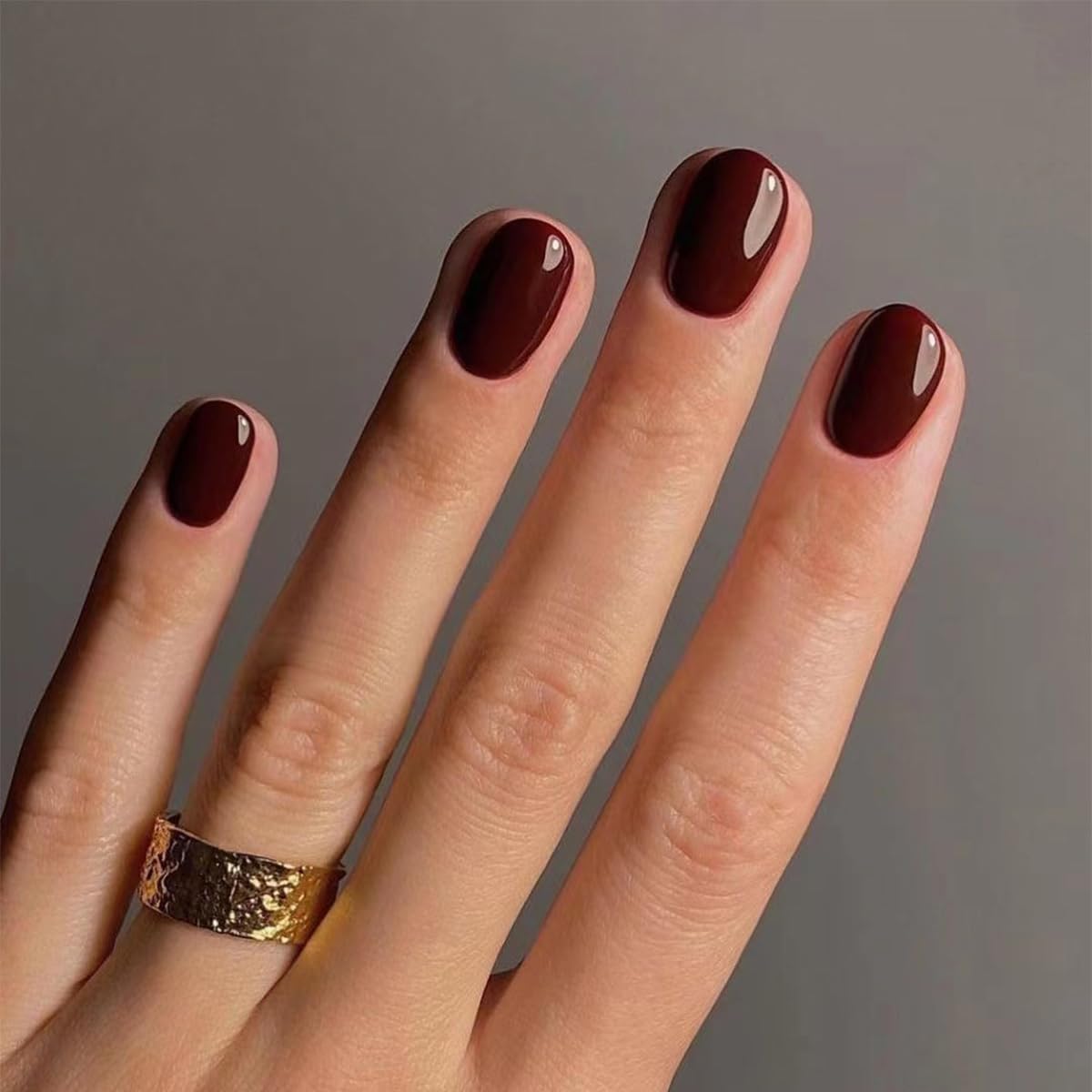 Dark Red Press on Nails Short Squoval Fake Nails Valentines Nails Press ons with Solid Color Design Full Cover Stick on Nails for Women Manicure,Reusable | Glue Tabs | Easy Apply | 24Pcs
