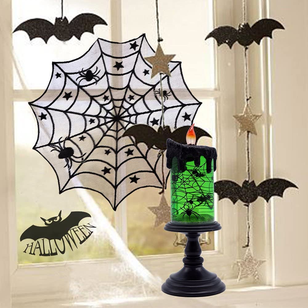 DRomance Halloween Flameless Candle Snow Globe Battery Operated with 6 Hour Timer, Green Light Spider Decal Water Tornado Lamp LED Candlestick Halloween Season Decor Gift 4 x 10 Inches