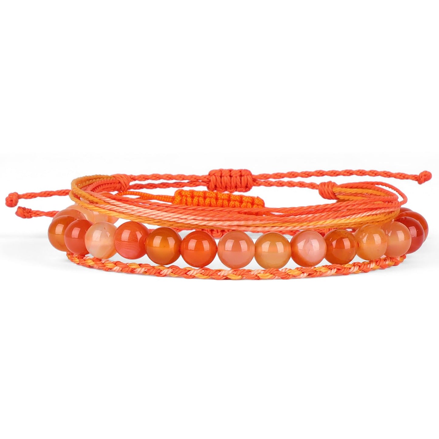 QOGIR Handmade Healing Bracelets,8mm Natural Orange Carnelian Gem Stone Beads Bracelet for Men Women Gifts with 2PCS Size Adjustable Rope Bracelets