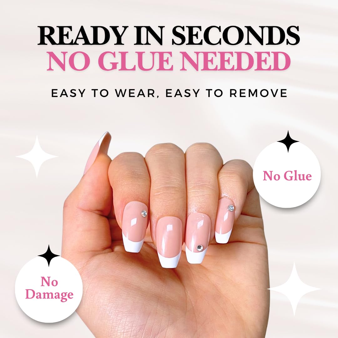 PerfectLook Press On Nails - Classic Diamond | No Glue Short Coffin Nude Nails with French Tips & Crystal Accents - 24 Pcs Nail Kit with Adhesive Tabs