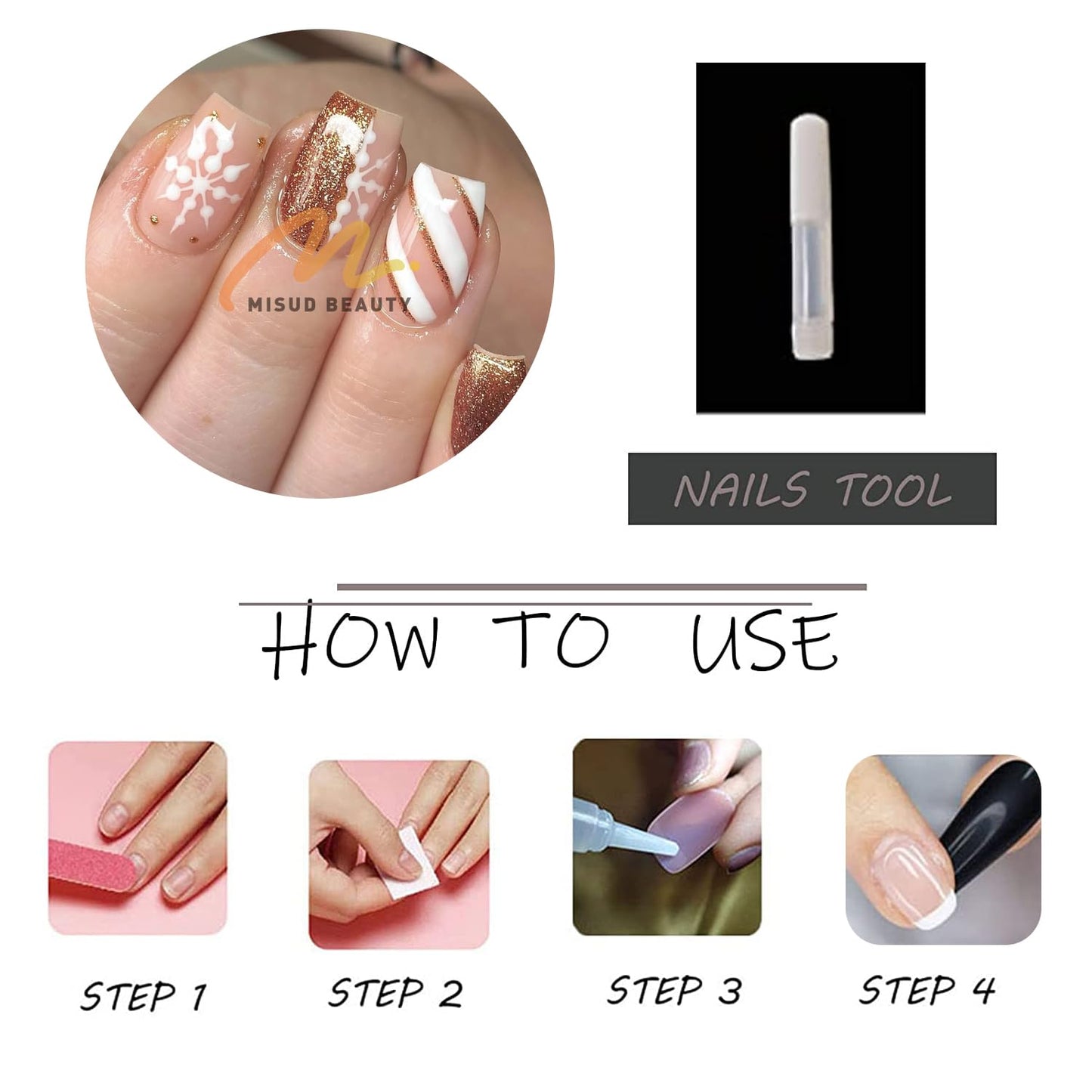 MISUD Press on Nails - Short Square Fake Nails with Snowflake, Acrylic Bling Gold Glitter Design 24 pcs