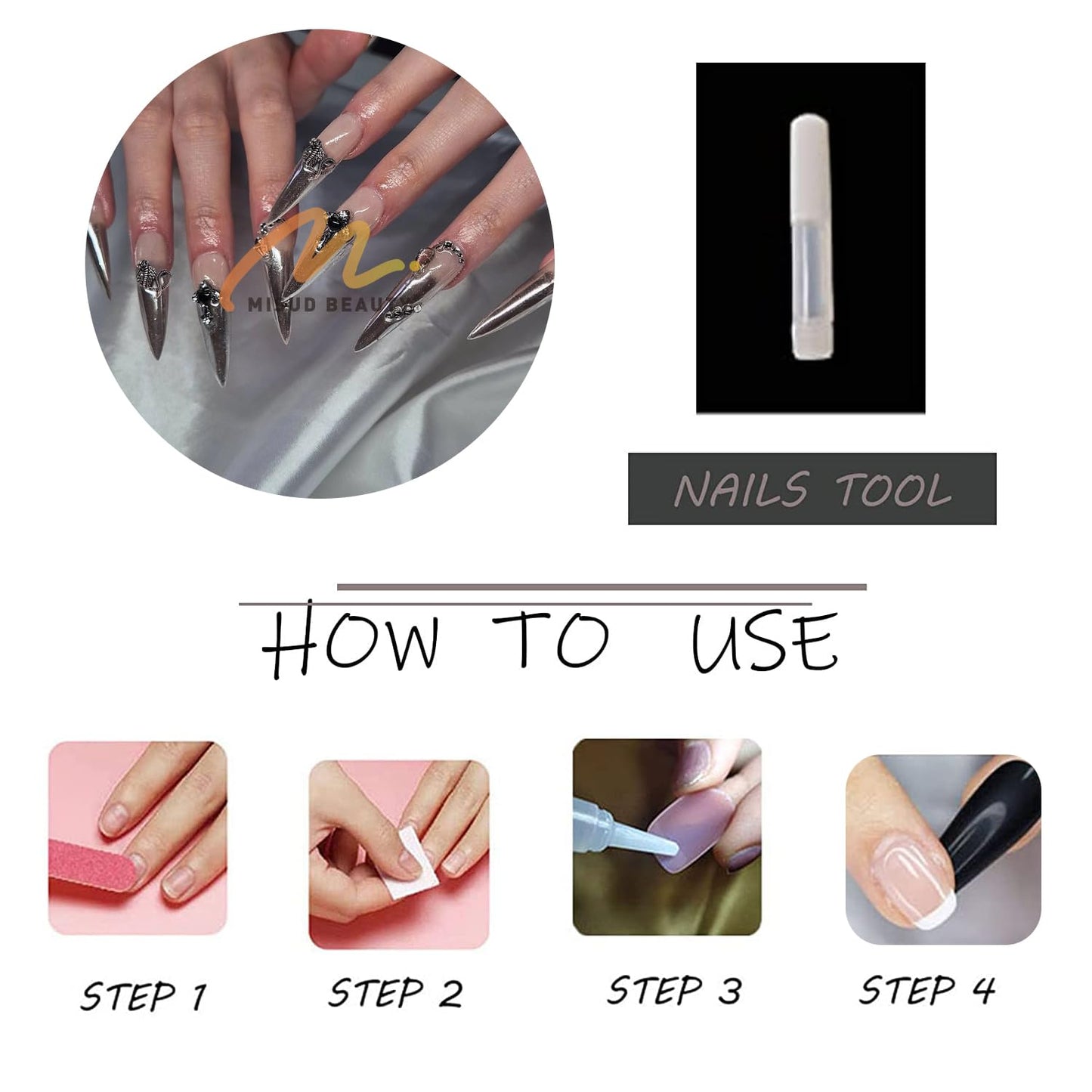 MISUD Press on Nails - Long Stiletto Fake Nails with Silver Chrome, Acrylic Goth Y2K Charms Design 24 pcs