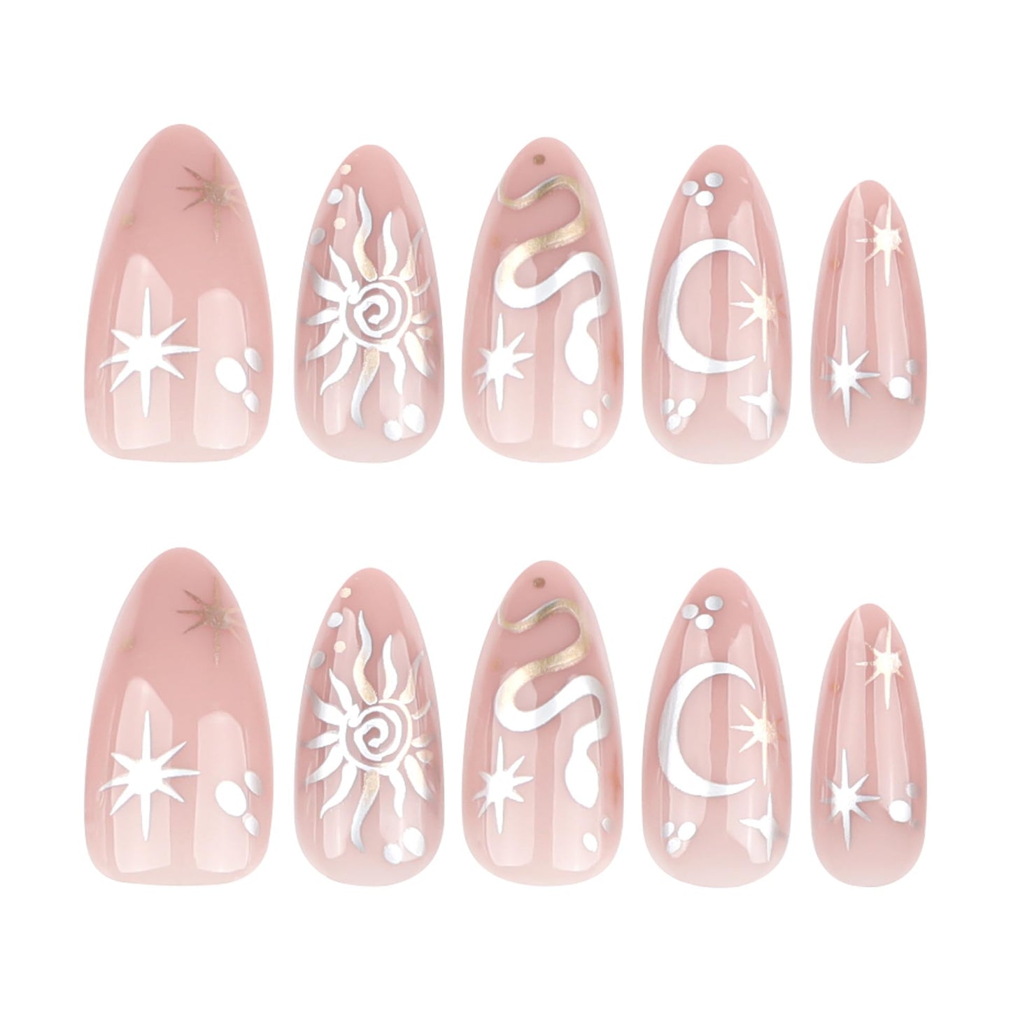 MERVF Almond Press on Nails Medium Fake Nails Nude Glue ons Star Sun Moon Snake Print Acrylic Stiletto False Nail Bohemian Design for Women Glossy 24pcs