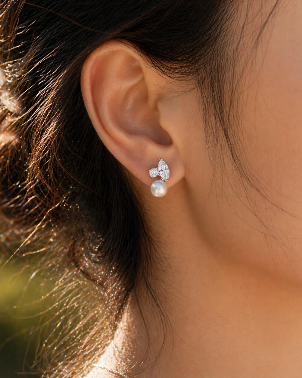 BSGRL Pearl Earrings - Silver 14k White Sparkle Gold Plated Cubic Zirconia Pearl Stud Earrings for Women Wedding Party Bridal