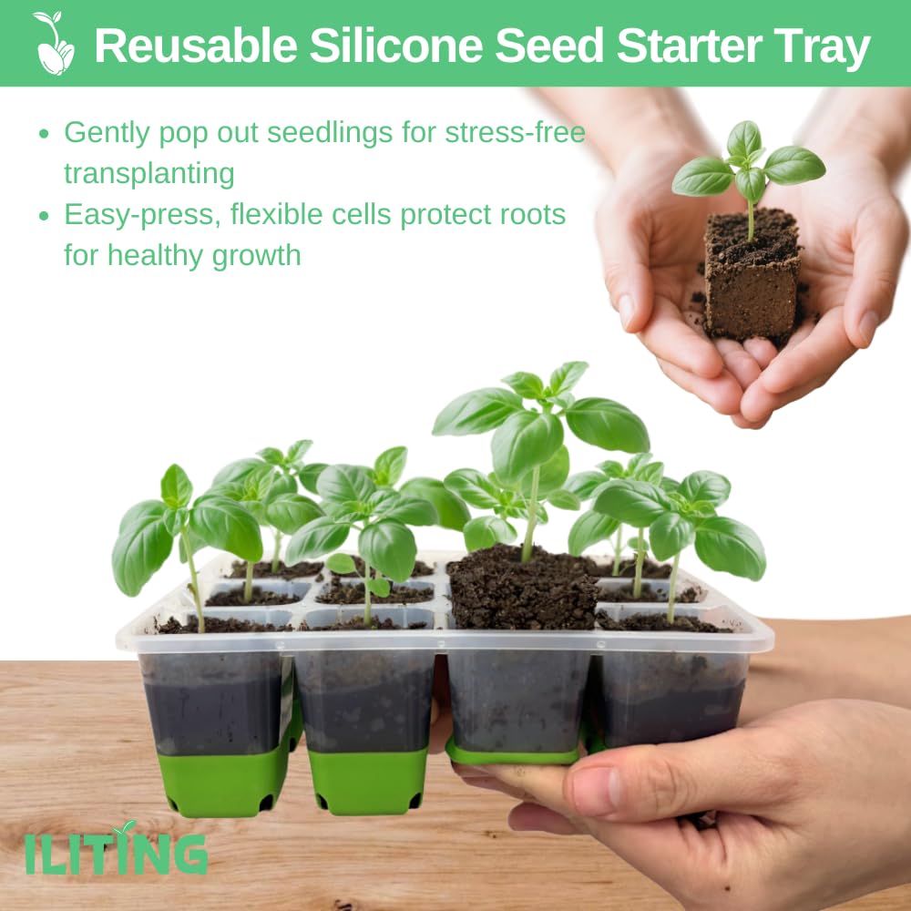 ILITING Seed Starter Kit 3 Pack, Reusable Silicone Seedling Starter Trays 36 Cells Seed Starter Tray, with Humidity Dome, Foldable Design for Easy Transplanting