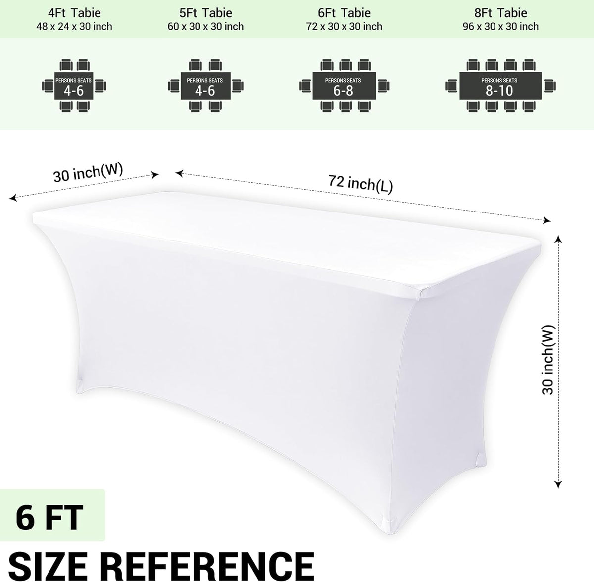 Obstal 6ft Stretch Spandex Table Cover - 2 Pack Universal Rectangular Fitted Tablecloth Protector for Wedding, Banquet and Party, White