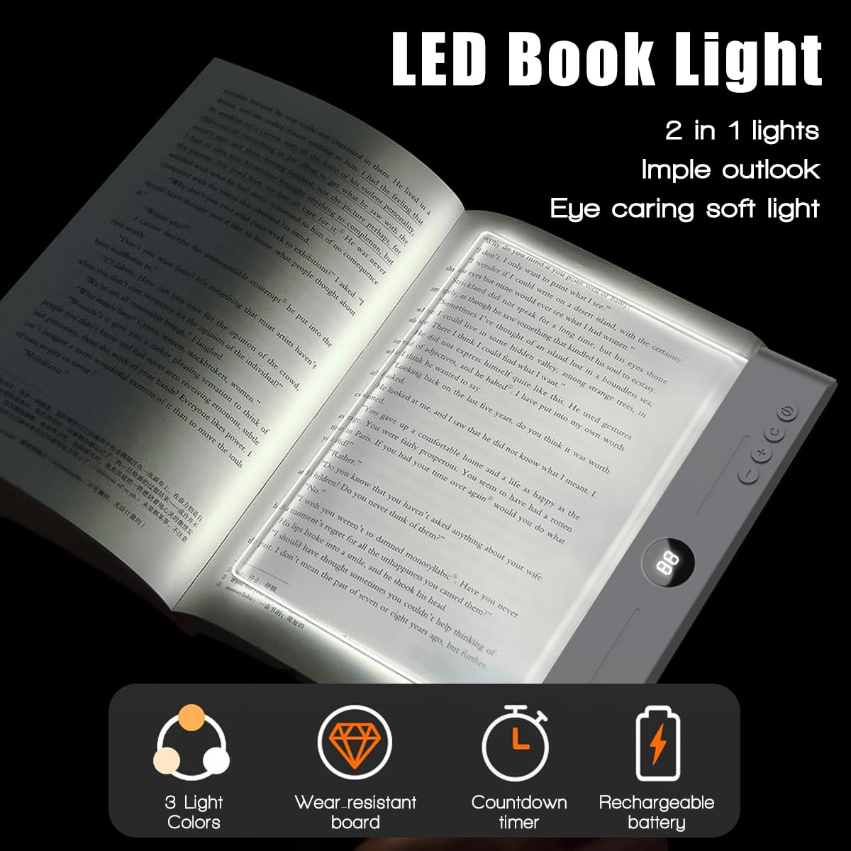 DEYOT Flat Book Light,2026 Upgrade, Book Light Treasure Box, Reading in Bed at Night with 3 Colors & Timer, Dimmable Panel Plate Book Lamp Full Page Light, Bookish Gifts for Book Lovers(White)