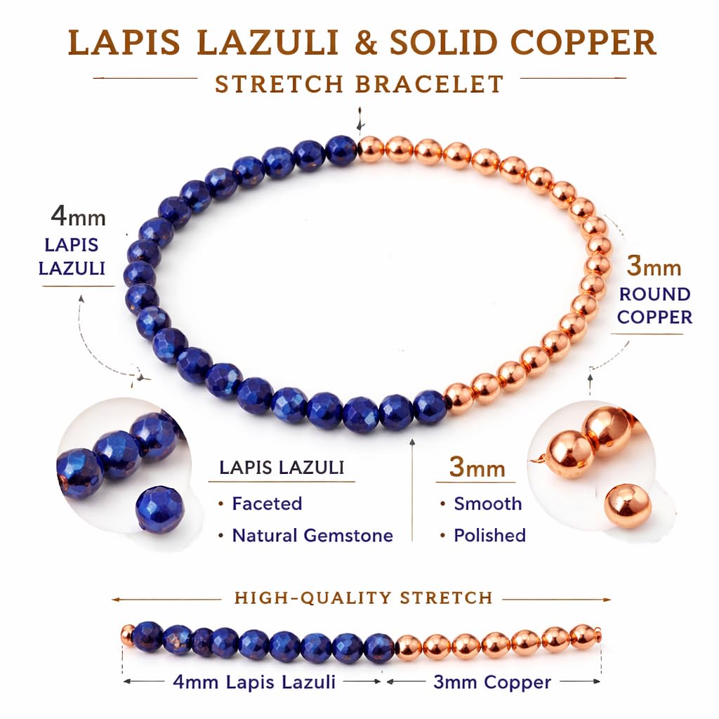 The Blue Yogi Lapis Lazuli & Natural Copper Bead Bracelet for Men & Women – Healing Crystal Energy Bracelet for Protection & Positivity