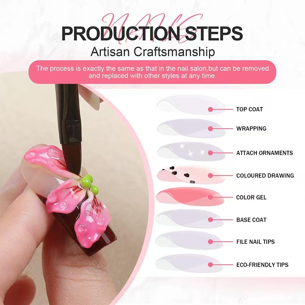 Threelegscat Square Handmade Press on Nails Medium Nails Press Ons With 3d Flower and French Tip Design Reusable Fake Nails for Women for Spring and Holiday 10pcs M Size Pattern S1108