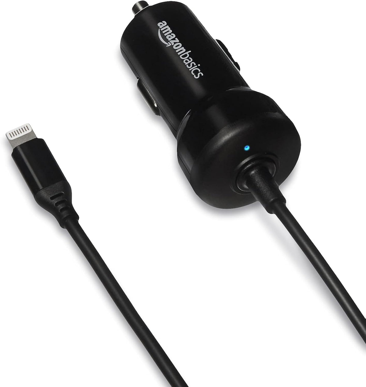 Amazon Basics 12W (5V, 2.4A) Car Charger with Lightning Cable (Straight) for iPhone and Apple Devices, 3 ft - Black