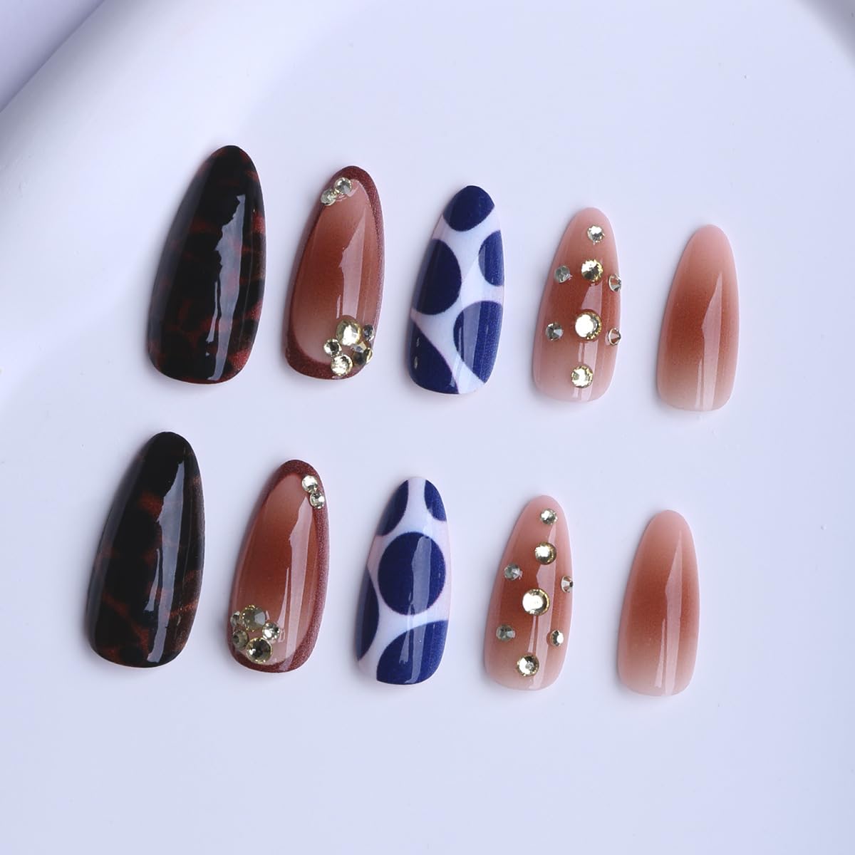 plalely Long Press on Nails Almond Blue Acrylic Press on Nails with Turtle Print Designs Long Almond Nail Tips for Women 24pcs