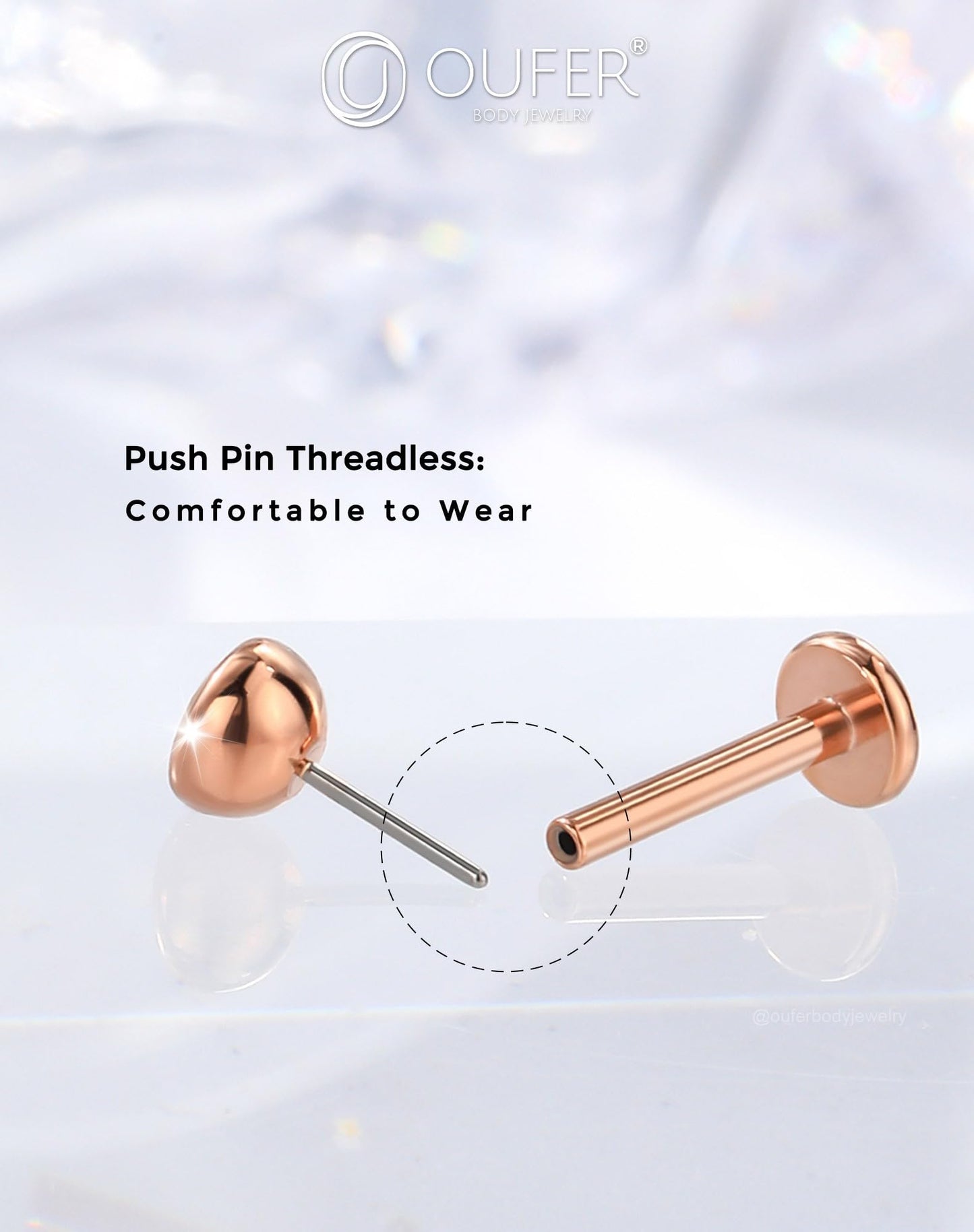 OUFER 2PCS Rose Gold Titanium Flat Back Threadless Stud Earrings, 16G/18G/20G Push Pin Piercing Jewelry – Multiple Post Lengths (5mm–12mm) & CZ Sizes (1.5mm–4mm) for Lobe, Helix, Tragus, Conch, Nose