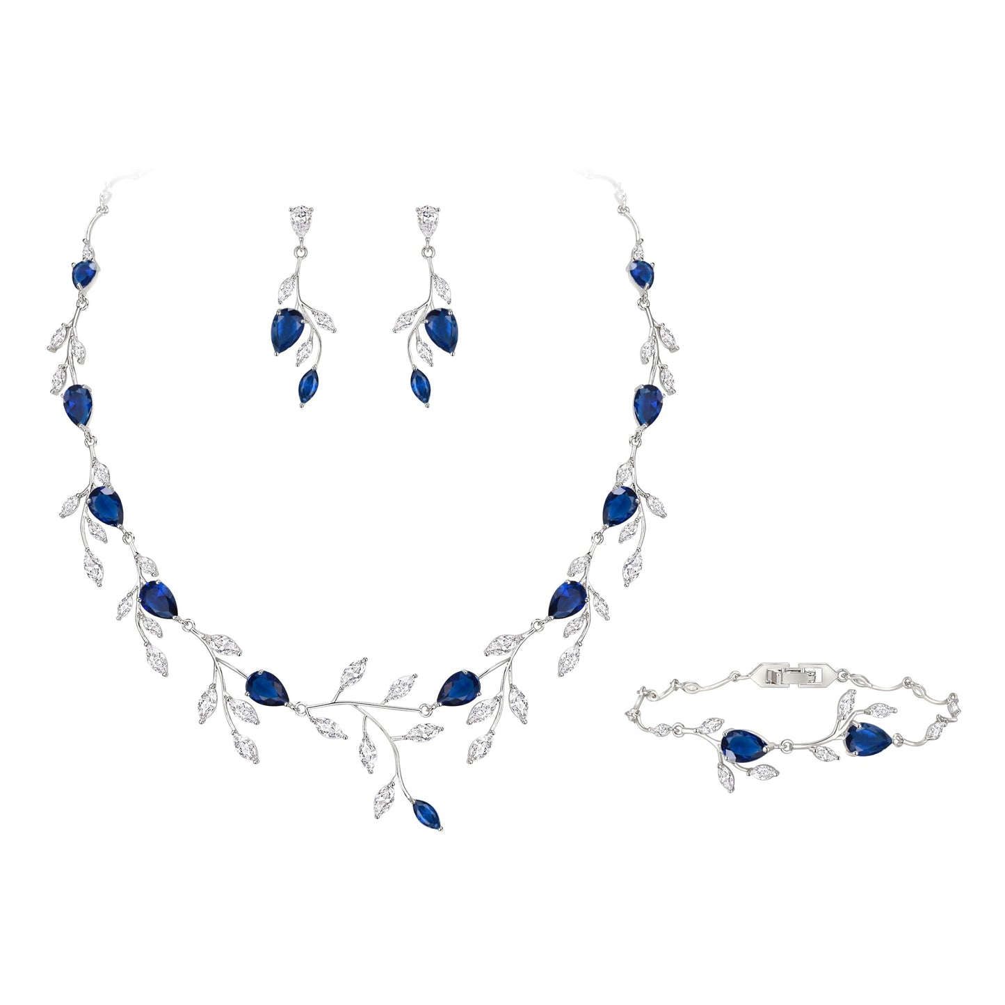 EVER FAITH Teardrop Wedding Bridal Jewelry Set for Brides Sparkly Sapphire Blue CZ Pear-Shaped September Birthstone Necklace Earrings Bracelet Sets for Prom