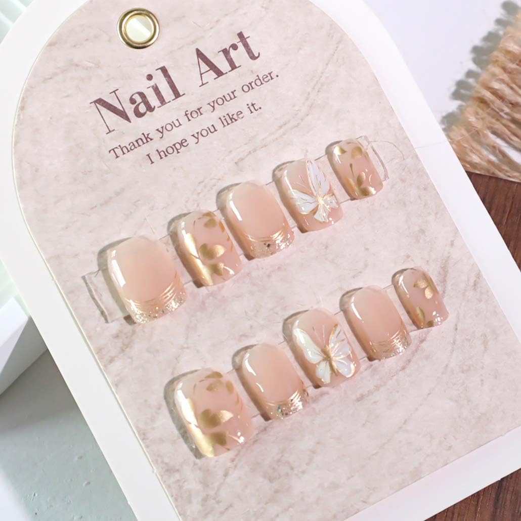 Foccna French Press on Nails Short Nude Fake Nails Square Bling Gold Line Design Glossy False Nail Tips Artificial Nails for Women 24pcs