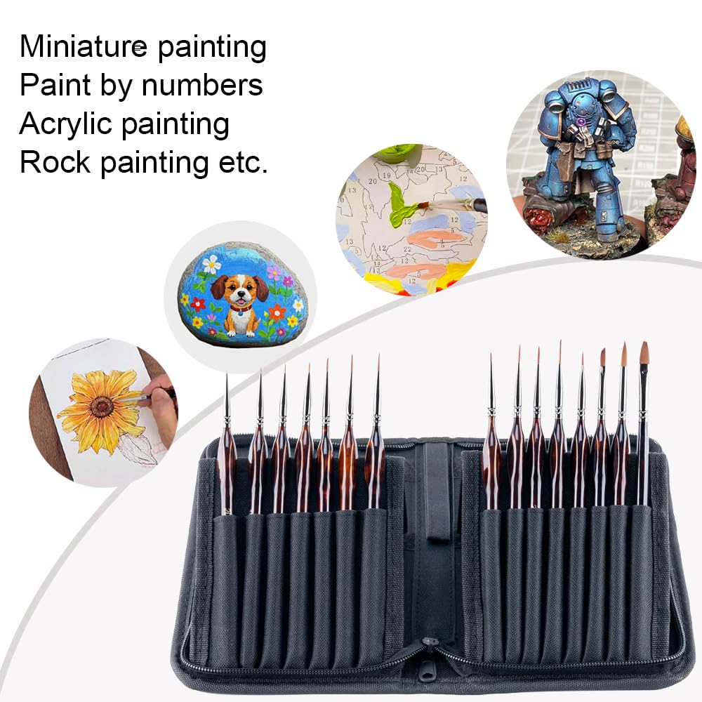 Transon 15Pcs Extra Fine Detail Paint Brushes with Brush Storage Organizer for Model Miniature Painting and Acrylic Watercolor Gouache Painting