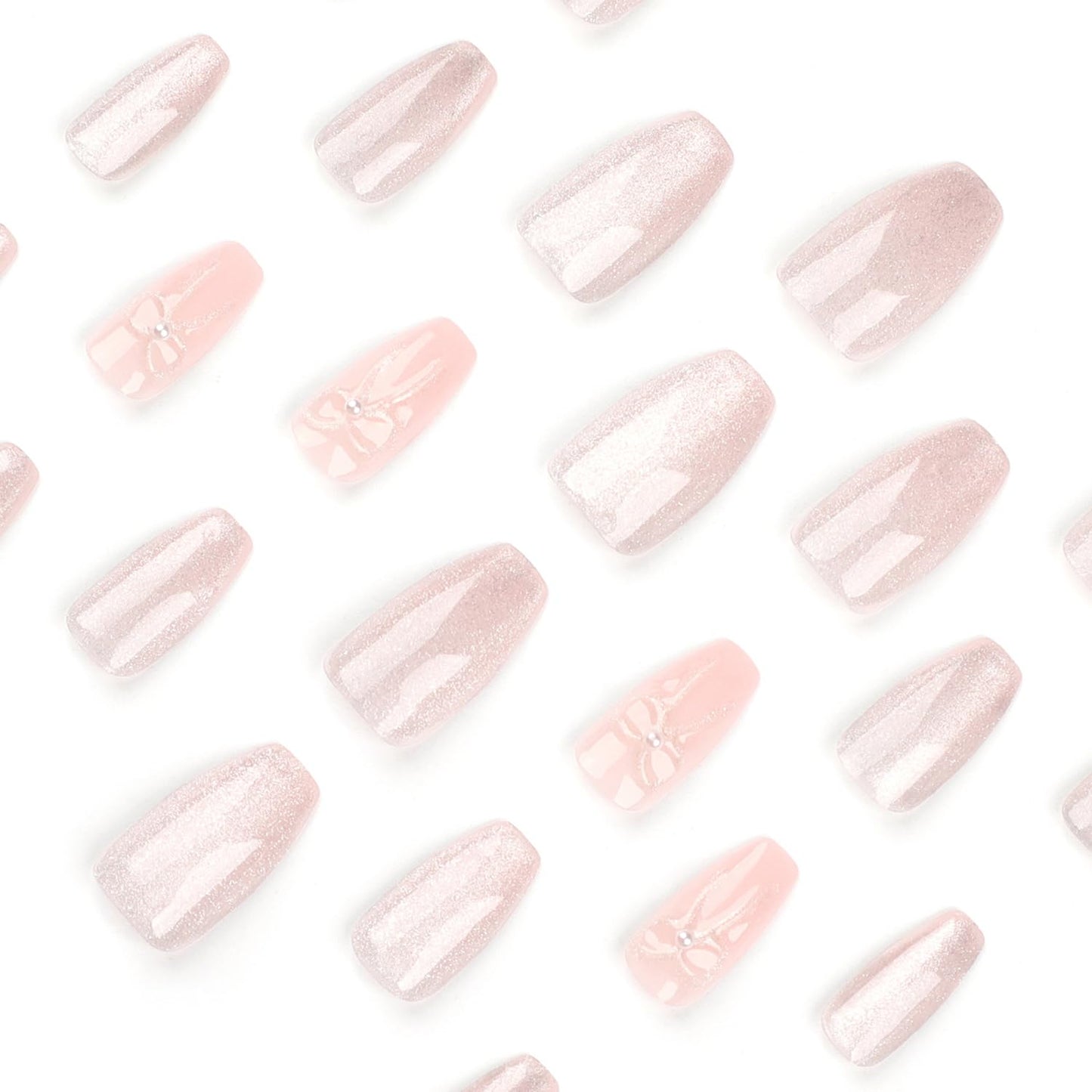 Light Pink Press on Nails Medium Coffin SWEKKE Fake Nails Full Cover 3D Bow False Nails with Pearl Designs Glossy Glue on Nails Cute Acrylic Nails Artificial Nails for Women Girls 24Pcs