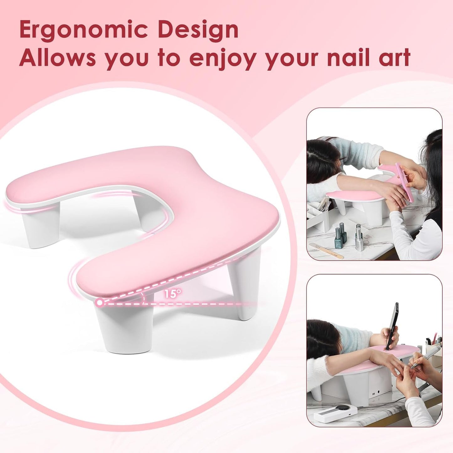 Arm Rest for Nails Tech - U-shaped Manicure Nail Hand Rest Pillow Cushion, Big Microfiber Leather Nail Arm Rest Stand for Acrylic Nail Art Tech (Pink)
