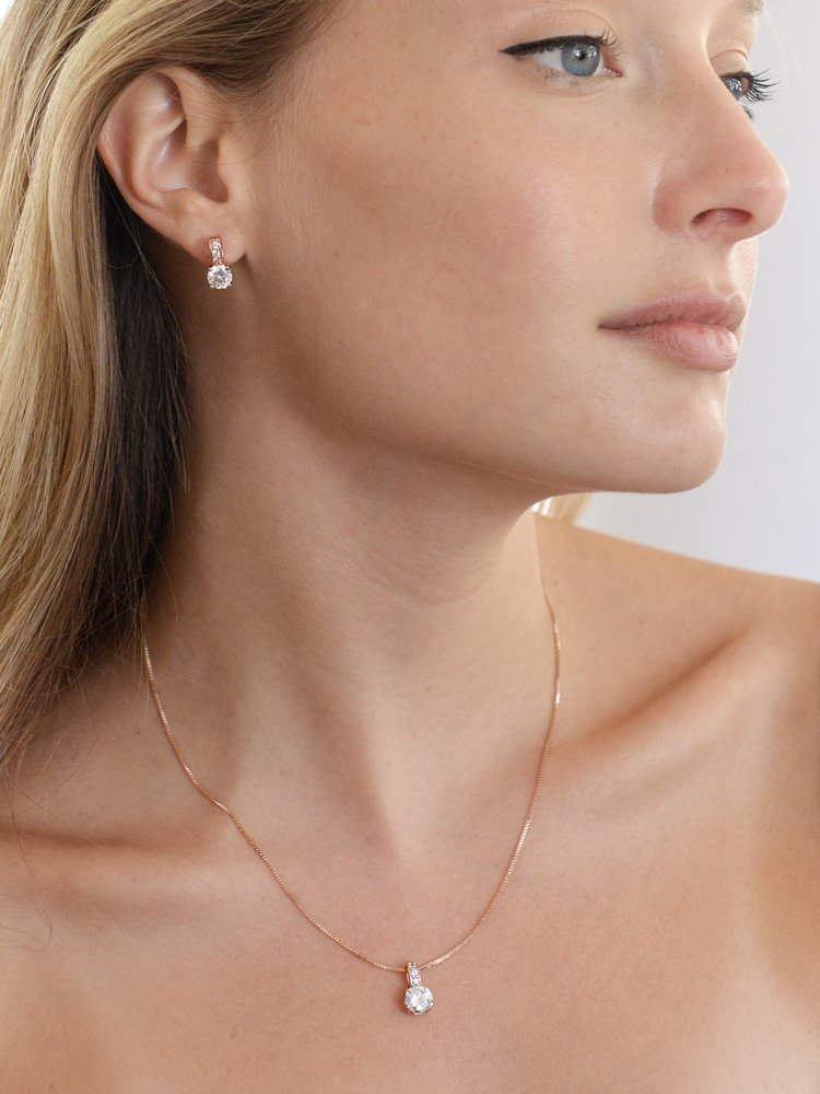 Mariell 14K Rose Gold Plated Round-Cut Cubic Zirconia Necklace Earrings Set for Brides, Bridesmaids & Everyday Wear