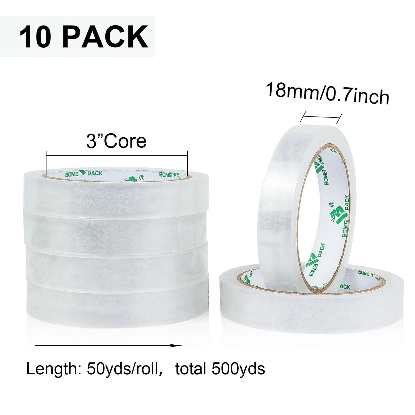 BOMEI PACK 10Rolls Clear Tape Refills for Dispenser, Transparent Gift Wrap Tape 3 Core Tape for Home, School and Office, 3/4inch x 50yds