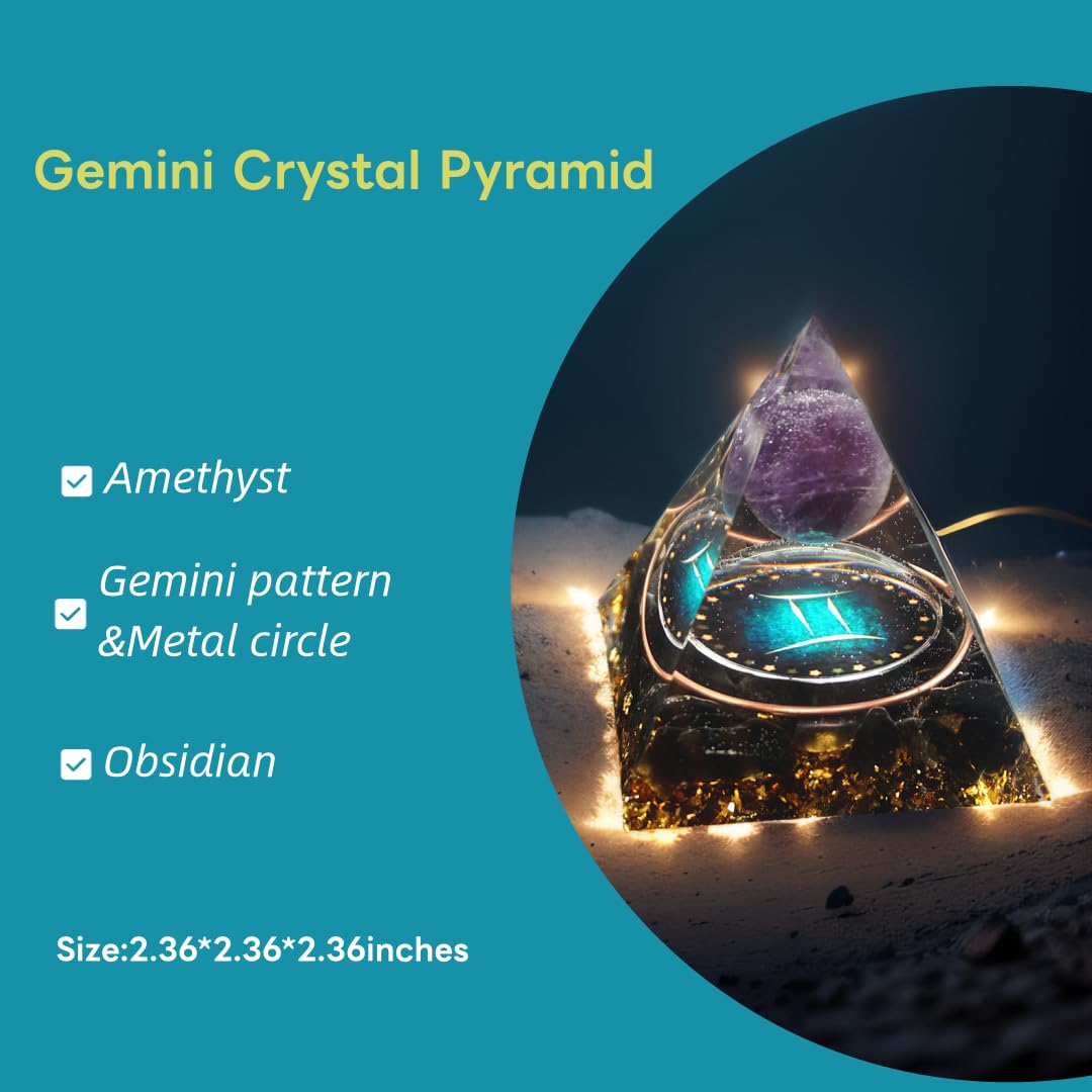 12 Zodiac Orgone Crystal Pyramid, Natural Amethyst with Obsidian,Healing Crystals Pyramid for Protection Chakra, Unique Constellation Pyramid for Positive Energy, Healing Money Health(Gemini)