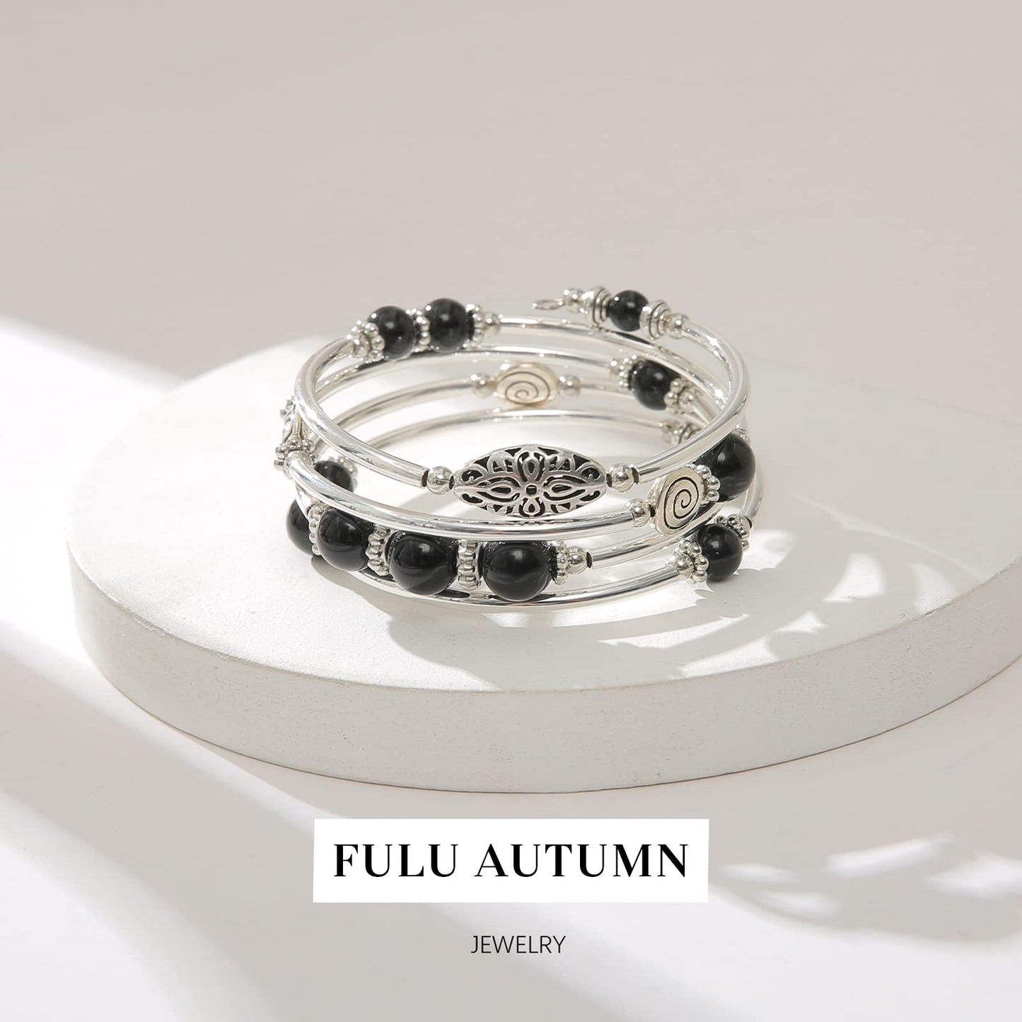FULU AUTUMN Stackable Beaded Bracelets for Women Boho Wrap Silver Bracelet Layered Fashion Jewelry Gifts for Her(17-Black)