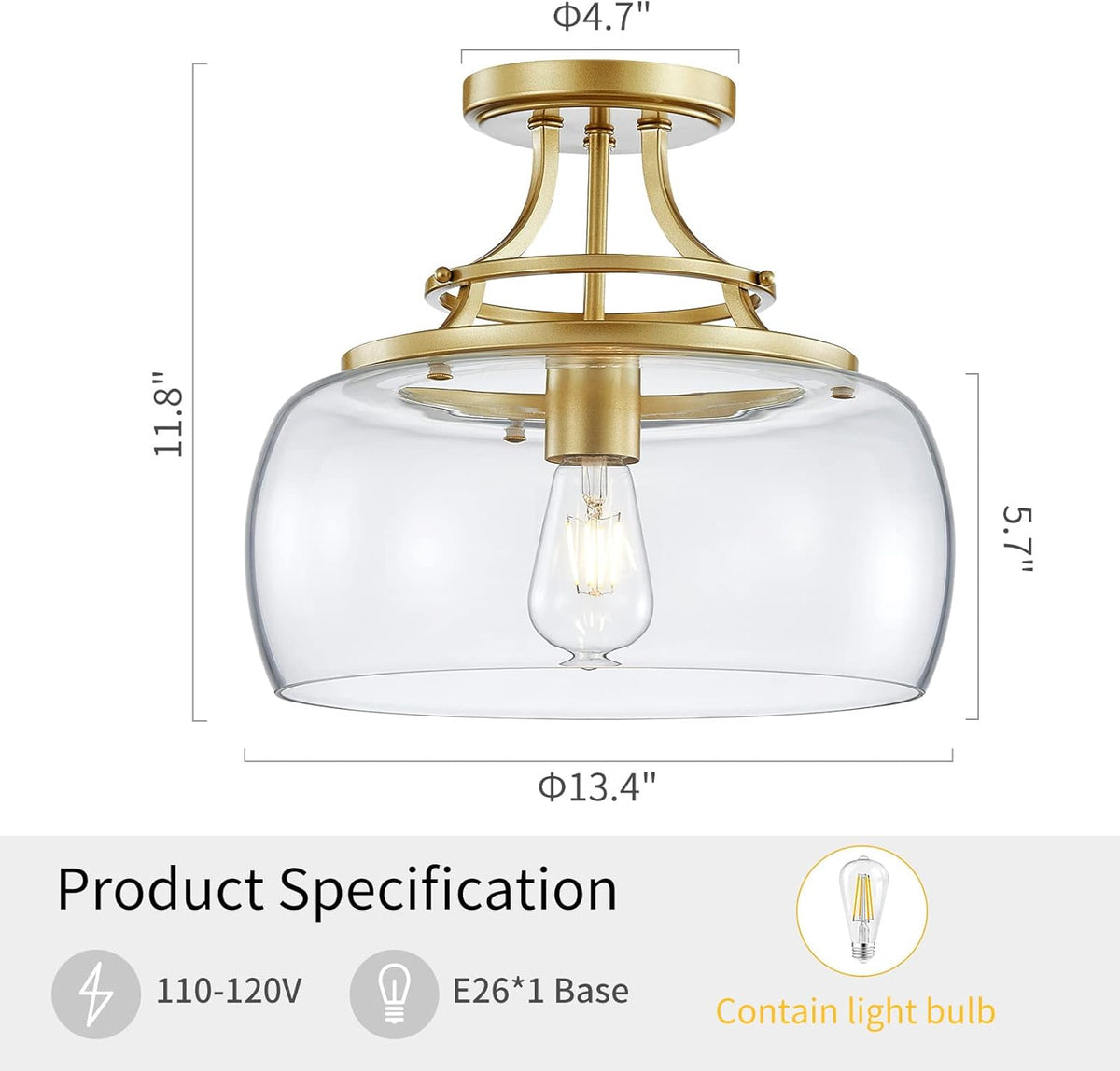 WUZUPS Chandelier Rustic Farmhouse Industrial Round Semi-flushmount Ceiling LED Light Fixture with Clear Glass Shades for Bathroom Kitchen Foyer Entryway, H 11.8" x W 13.4", E26 Base, Gold