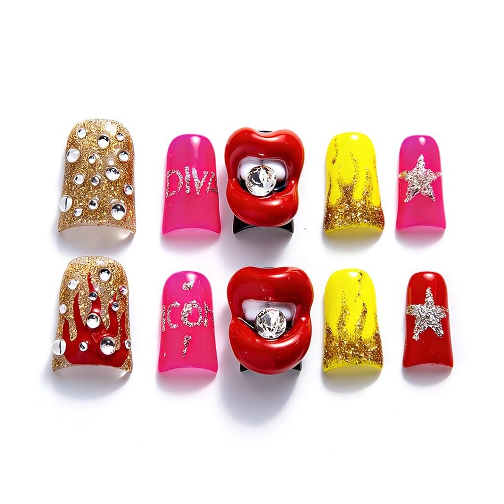 IntoVibes 10 Pieces Luxury Acrylic Press On Nails Short Handmade Duck Nails, Pink Thickened False Nails, Rhinestone And 3D Red Lips, Reusable Fake Nails, Acrylic Nails (L)