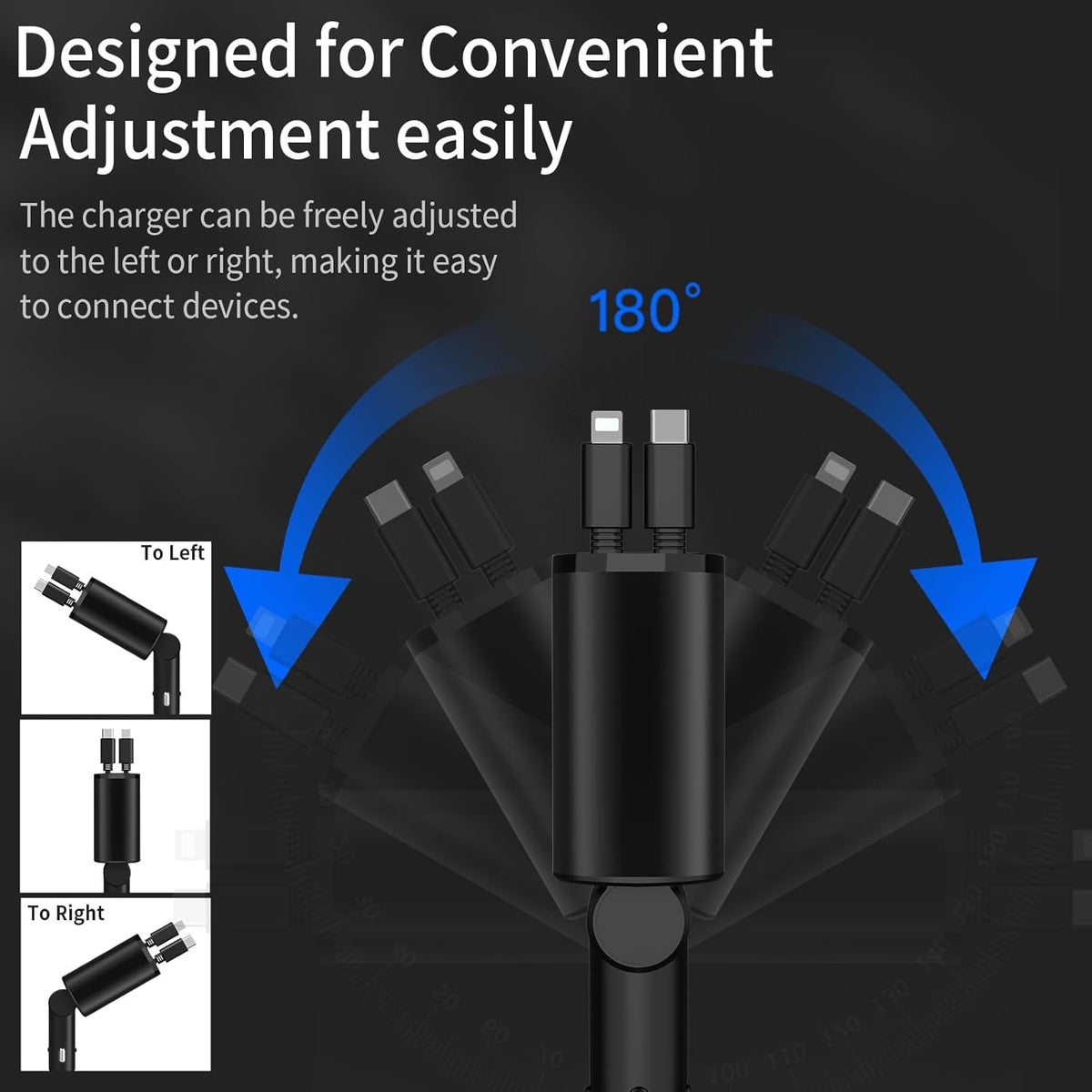 Retractable Car Charger Compatible with iPhone 16, 4 in 1 Fast Charging 60W, Car iPhone Charger with Car Retractable Cable and 2 USB Ports for iPhone 15 14 13 12