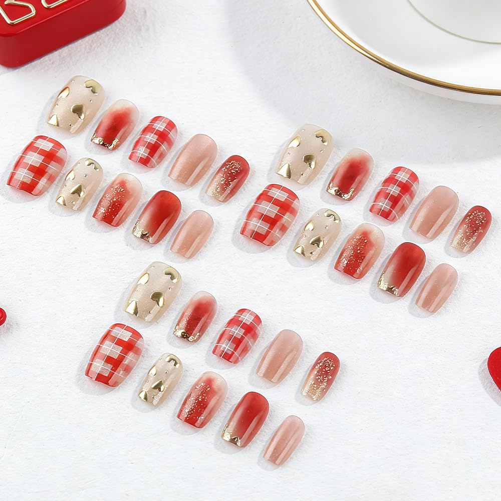plalely Square Press on Nails Short Red Stripes Fake Nail Cute Embossed Heart Acrylic Nail Press ons Sparkly Glitter Stick on Nail for Women 24pcs