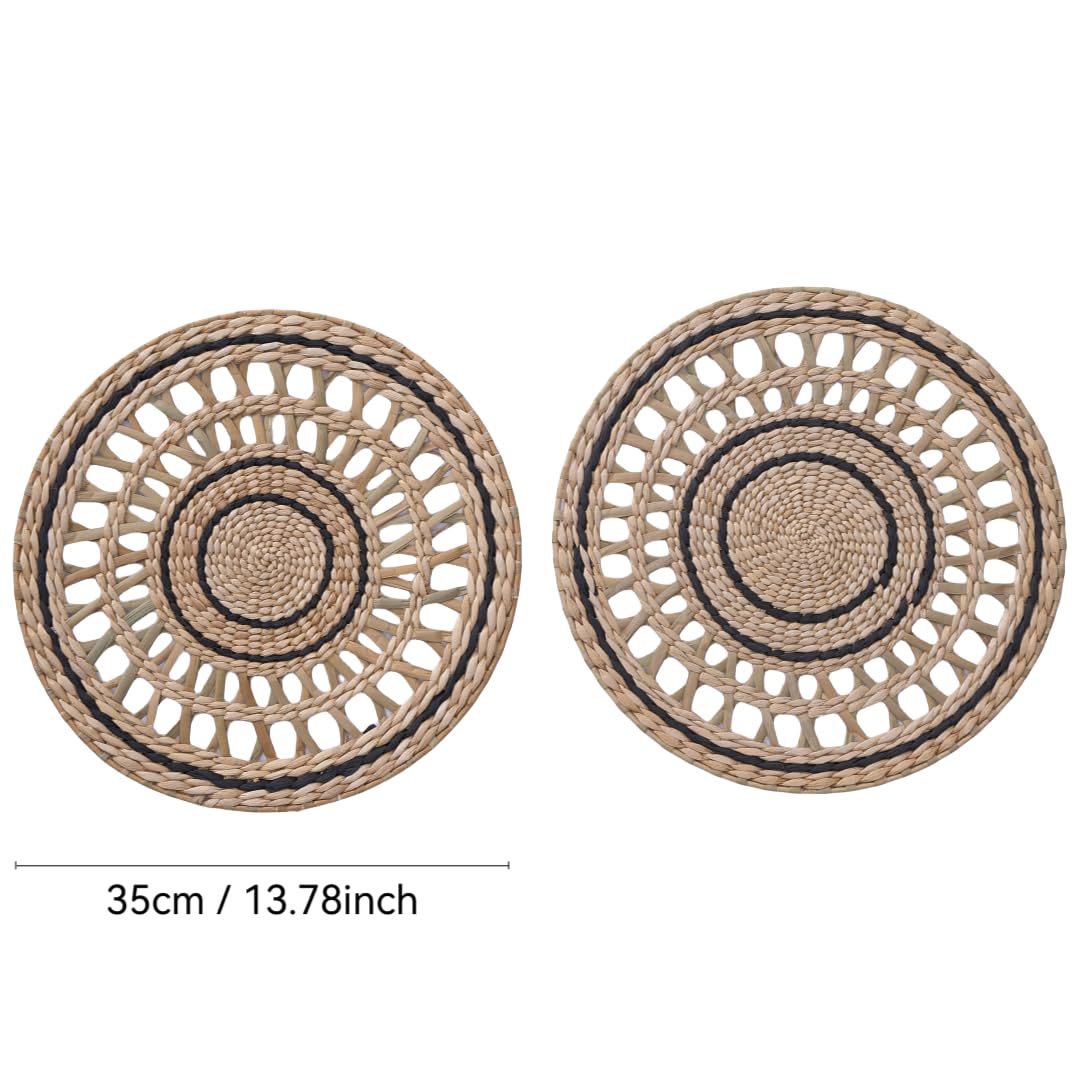 Deosur 2PCS Boho Woven Grass Wall Hanging & Tray – 35CM Handmade Round Wall Art for Living Room & Bedroom – Dual-Purpose, in Black